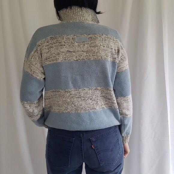 80sBlue and White Striped Collared Sweater - Picture 3 of 4